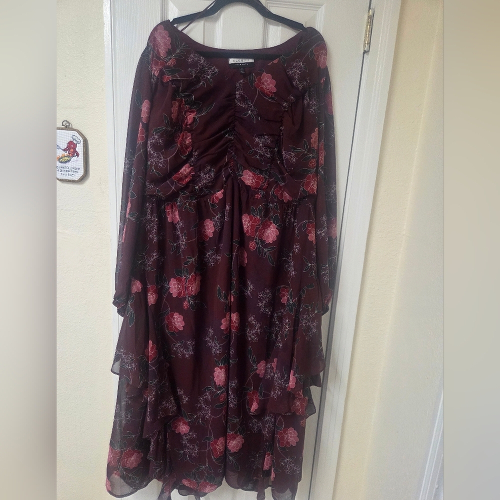 Eloquii Flowy Burgundy Ruffle Midlength Dress With Pink Floral
